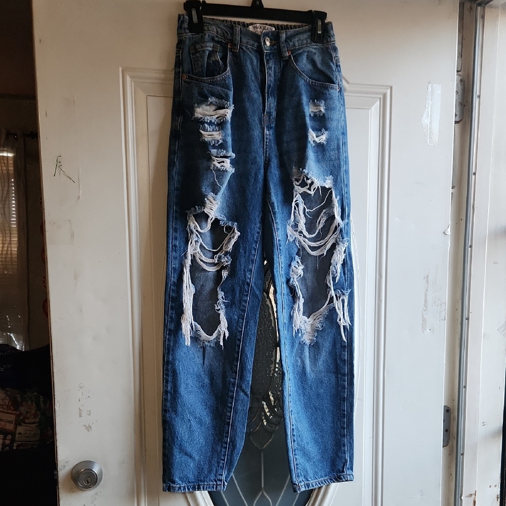 Distressed Wax Blue Boyfriend Style Jeans